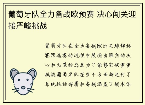 葡萄牙队全力备战欧预赛 决心闯关迎接严峻挑战